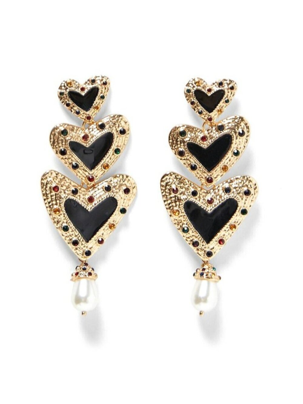 Gold Black Heart Long Retro Style Dangle Earrings